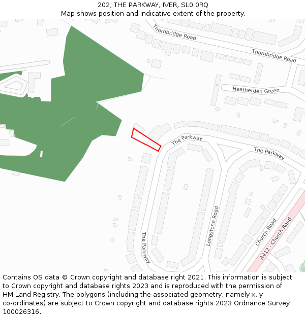 202, THE PARKWAY, IVER, SL0 0RQ: Location map and indicative extent of plot