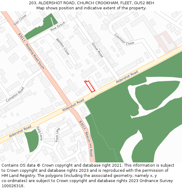 203, ALDERSHOT ROAD, CHURCH CROOKHAM, FLEET, GU52 8EH: Location map and indicative extent of plot