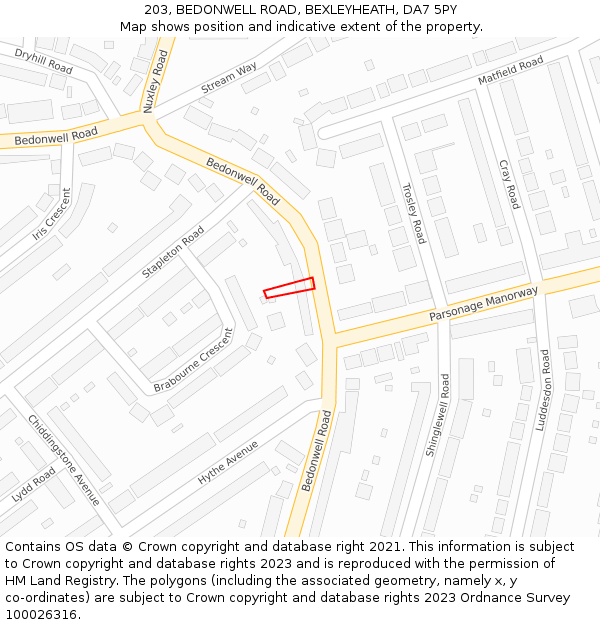 203, BEDONWELL ROAD, BEXLEYHEATH, DA7 5PY: Location map and indicative extent of plot