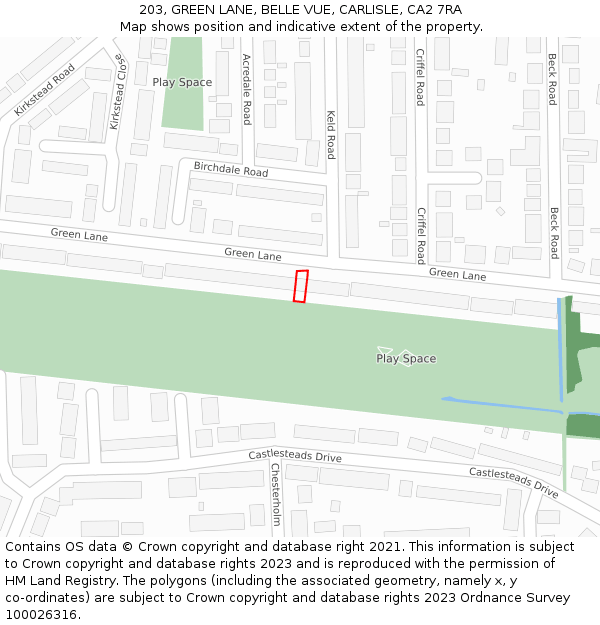 203, GREEN LANE, BELLE VUE, CARLISLE, CA2 7RA: Location map and indicative extent of plot
