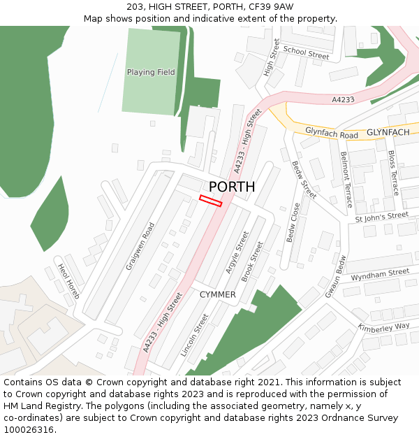 203, HIGH STREET, PORTH, CF39 9AW: Location map and indicative extent of plot