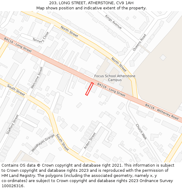 203, LONG STREET, ATHERSTONE, CV9 1AH: Location map and indicative extent of plot