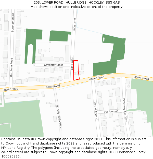 203, LOWER ROAD, HULLBRIDGE, HOCKLEY, SS5 6AS: Location map and indicative extent of plot