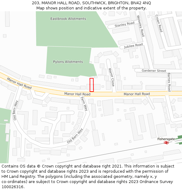 203, MANOR HALL ROAD, SOUTHWICK, BRIGHTON, BN42 4NQ: Location map and indicative extent of plot