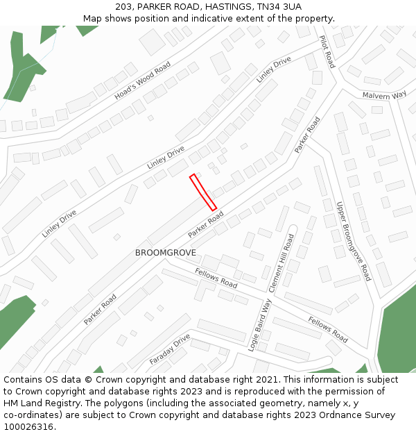 203, PARKER ROAD, HASTINGS, TN34 3UA: Location map and indicative extent of plot