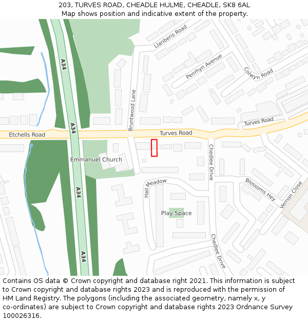 203, TURVES ROAD, CHEADLE HULME, CHEADLE, SK8 6AL: Location map and indicative extent of plot