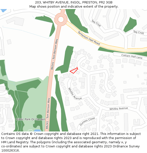 203, WHITBY AVENUE, INGOL, PRESTON, PR2 3GB: Location map and indicative extent of plot