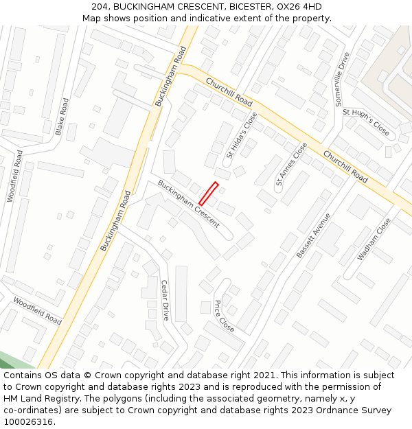 204, BUCKINGHAM CRESCENT, BICESTER, OX26 4HD: Location map and indicative extent of plot