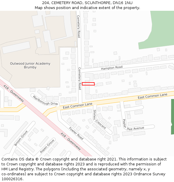 204, CEMETERY ROAD, SCUNTHORPE, DN16 1NU: Location map and indicative extent of plot