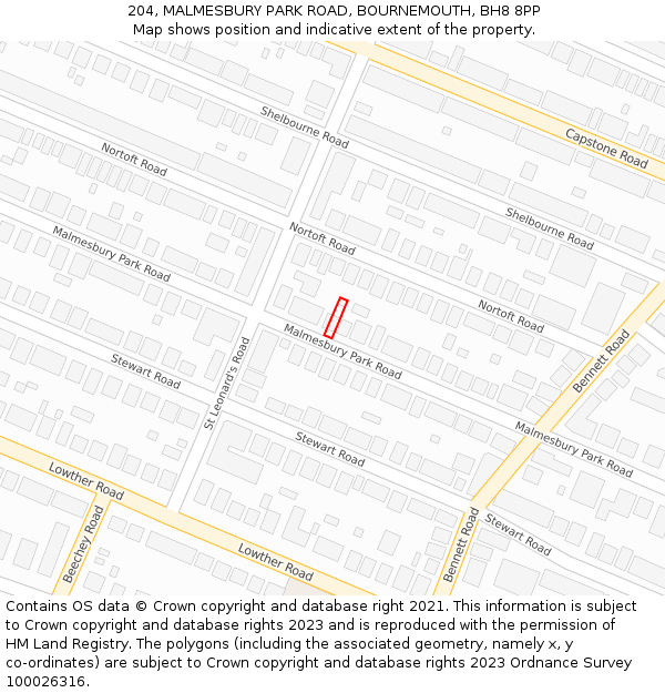 204, MALMESBURY PARK ROAD, BOURNEMOUTH, BH8 8PP: Location map and indicative extent of plot