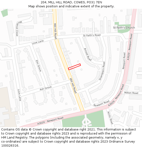 204, MILL HILL ROAD, COWES, PO31 7EN: Location map and indicative extent of plot
