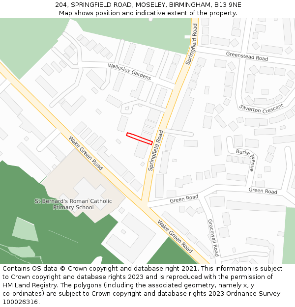 204, SPRINGFIELD ROAD, MOSELEY, BIRMINGHAM, B13 9NE: Location map and indicative extent of plot
