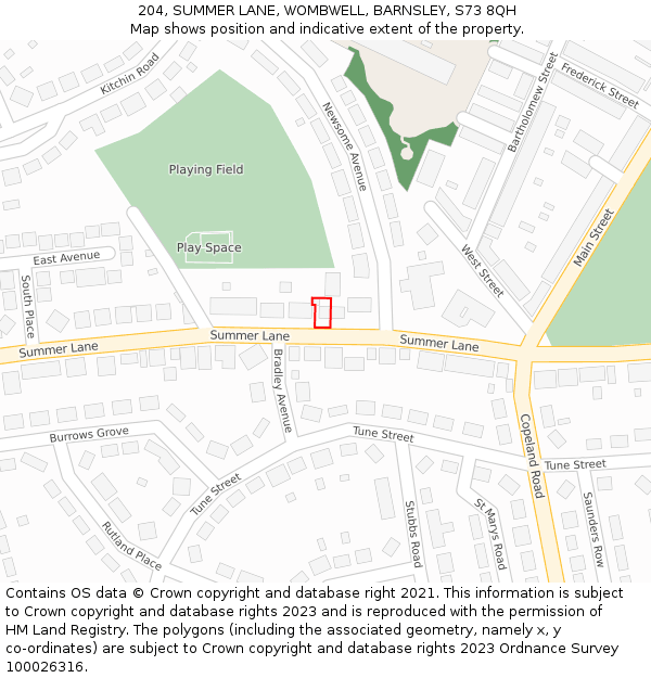 204, SUMMER LANE, WOMBWELL, BARNSLEY, S73 8QH: Location map and indicative extent of plot
