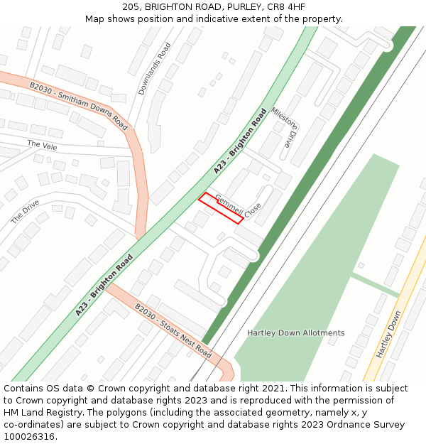 205, BRIGHTON ROAD, PURLEY, CR8 4HF: Location map and indicative extent of plot