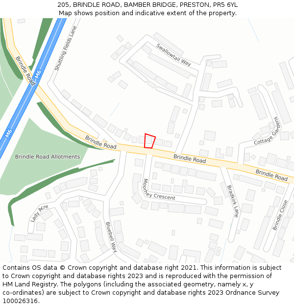 205, BRINDLE ROAD, BAMBER BRIDGE, PRESTON, PR5 6YL: Location map and indicative extent of plot