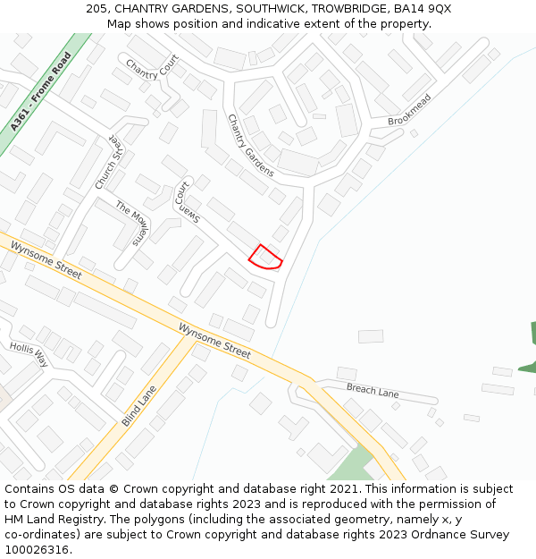 205, CHANTRY GARDENS, SOUTHWICK, TROWBRIDGE, BA14 9QX: Location map and indicative extent of plot