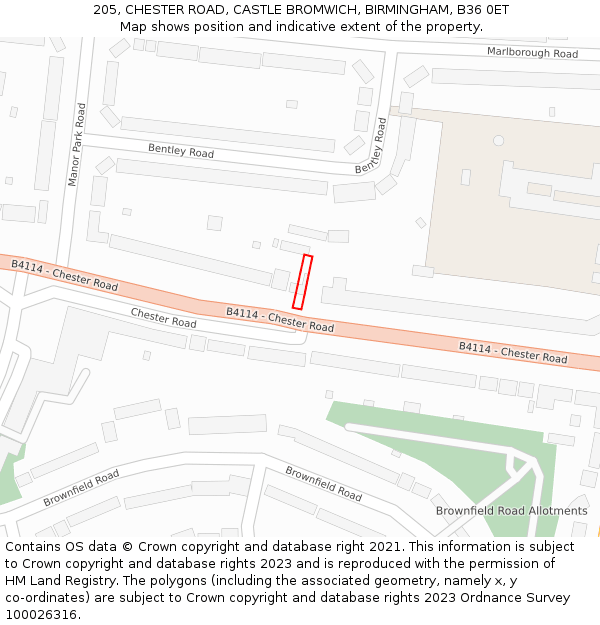 205, CHESTER ROAD, CASTLE BROMWICH, BIRMINGHAM, B36 0ET: Location map and indicative extent of plot