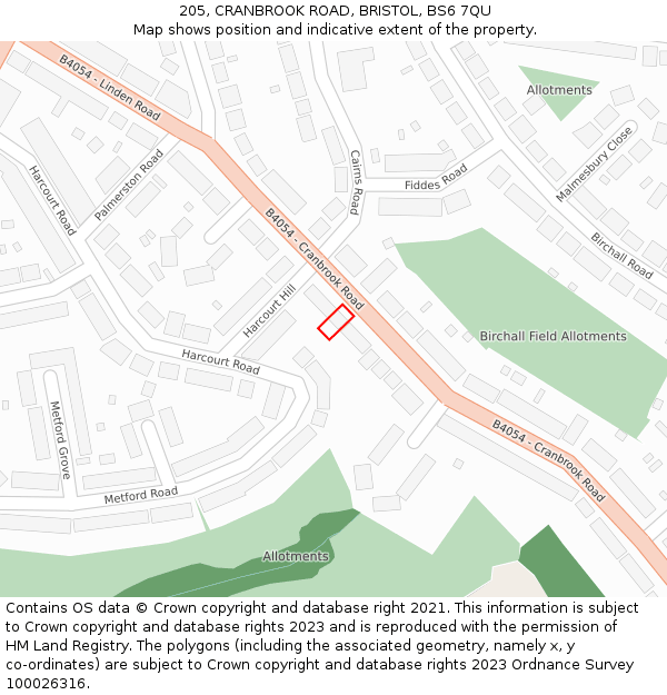 205, CRANBROOK ROAD, BRISTOL, BS6 7QU: Location map and indicative extent of plot