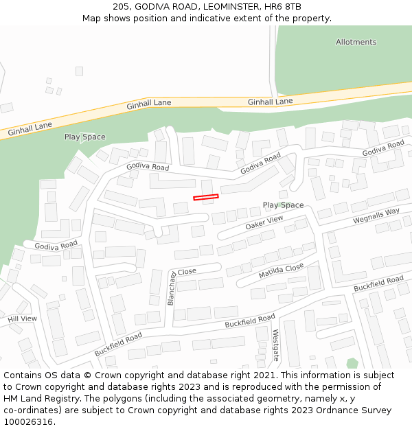 205, GODIVA ROAD, LEOMINSTER, HR6 8TB: Location map and indicative extent of plot