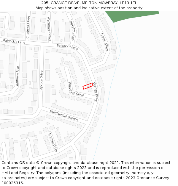 205, GRANGE DRIVE, MELTON MOWBRAY, LE13 1EL: Location map and indicative extent of plot