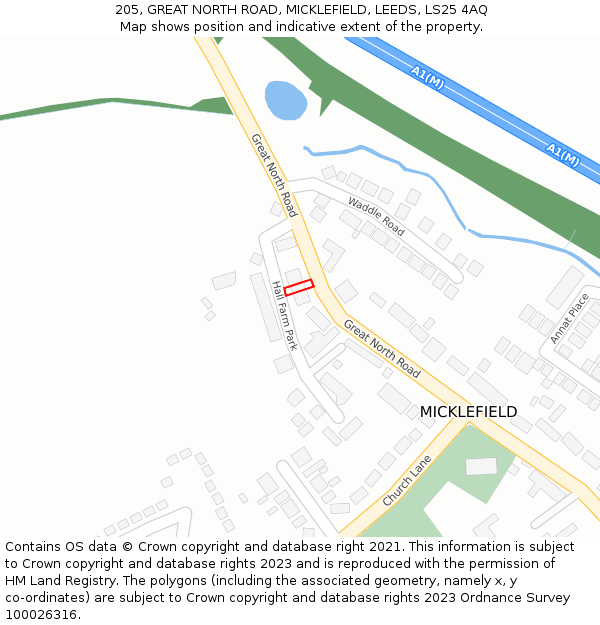205, GREAT NORTH ROAD, MICKLEFIELD, LEEDS, LS25 4AQ: Location map and indicative extent of plot
