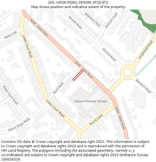 205, HOOK ROAD, EPSOM, KT19 8TZ: Location map and indicative extent of plot