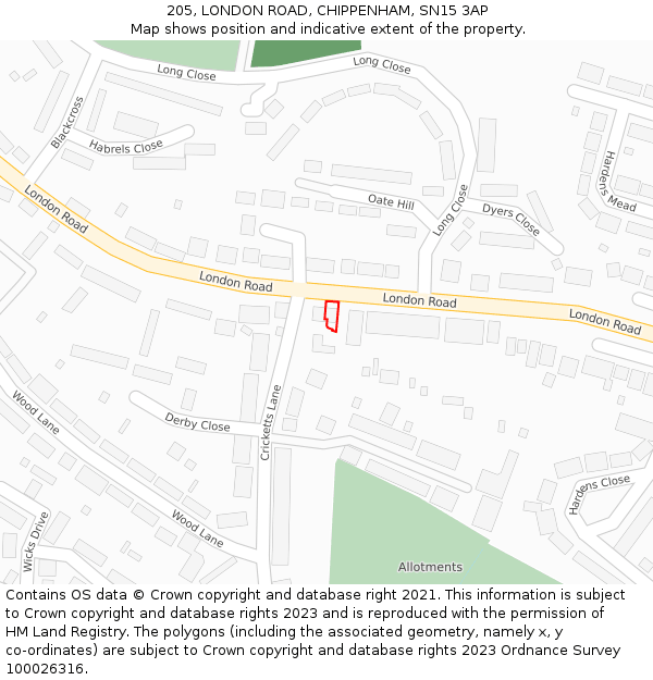 205, LONDON ROAD, CHIPPENHAM, SN15 3AP: Location map and indicative extent of plot