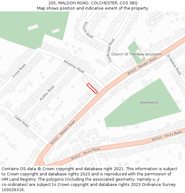 205, MALDON ROAD, COLCHESTER, CO3 3BQ: Location map and indicative extent of plot