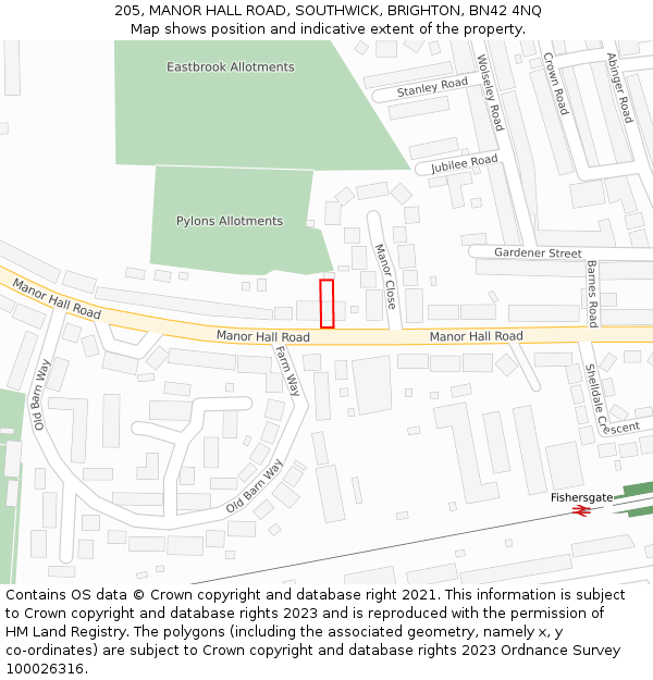 205, MANOR HALL ROAD, SOUTHWICK, BRIGHTON, BN42 4NQ: Location map and indicative extent of plot