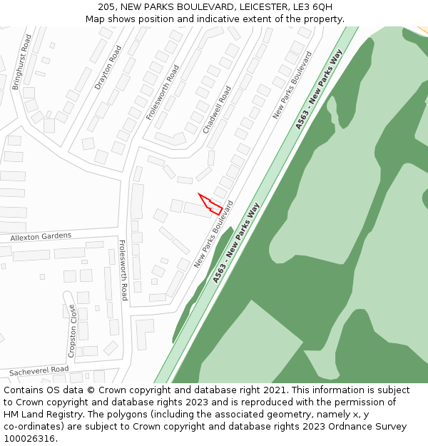 205, NEW PARKS BOULEVARD, LEICESTER, LE3 6QH: Location map and indicative extent of plot