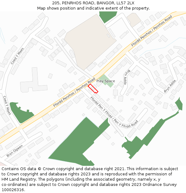 205, PENRHOS ROAD, BANGOR, LL57 2LX: Location map and indicative extent of plot