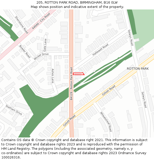 205, ROTTON PARK ROAD, BIRMINGHAM, B16 0LW: Location map and indicative extent of plot