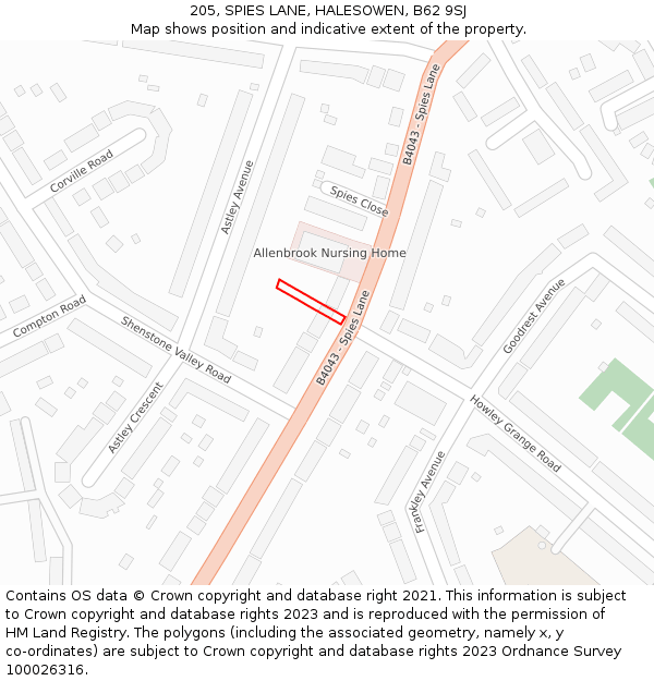 205, SPIES LANE, HALESOWEN, B62 9SJ: Location map and indicative extent of plot