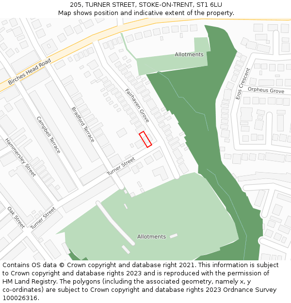 205, TURNER STREET, STOKE-ON-TRENT, ST1 6LU: Location map and indicative extent of plot