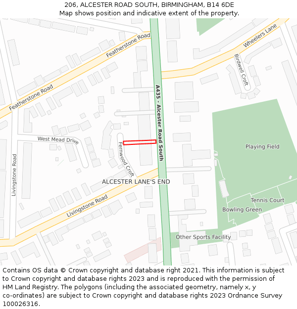 206, ALCESTER ROAD SOUTH, BIRMINGHAM, B14 6DE: Location map and indicative extent of plot