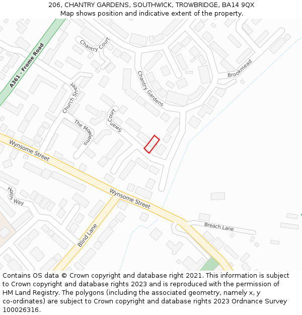 206, CHANTRY GARDENS, SOUTHWICK, TROWBRIDGE, BA14 9QX: Location map and indicative extent of plot
