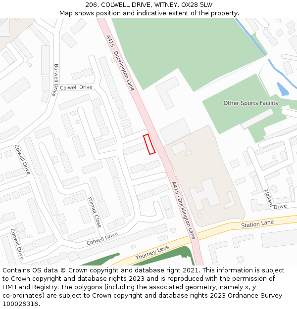 206, COLWELL DRIVE, WITNEY, OX28 5LW: Location map and indicative extent of plot