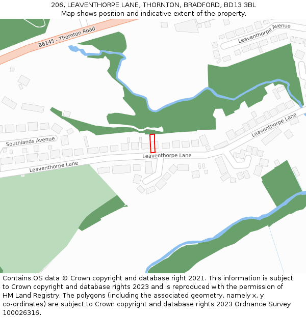 206, LEAVENTHORPE LANE, THORNTON, BRADFORD, BD13 3BL: Location map and indicative extent of plot