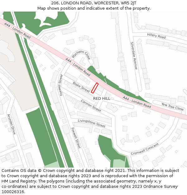 206, LONDON ROAD, WORCESTER, WR5 2JT: Location map and indicative extent of plot