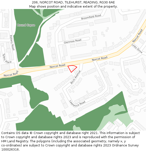 206, NORCOT ROAD, TILEHURST, READING, RG30 6AE: Location map and indicative extent of plot