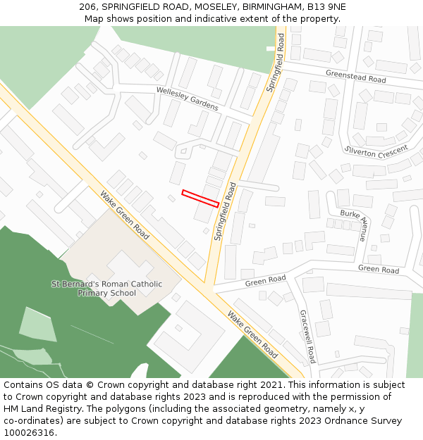 206, SPRINGFIELD ROAD, MOSELEY, BIRMINGHAM, B13 9NE: Location map and indicative extent of plot
