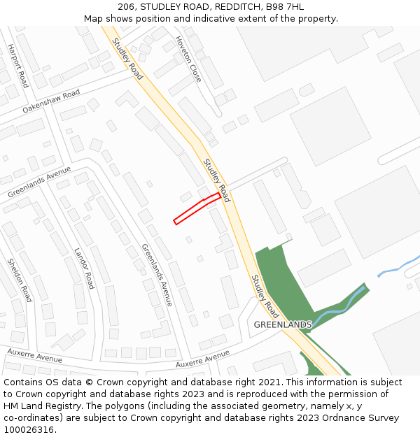 206, STUDLEY ROAD, REDDITCH, B98 7HL: Location map and indicative extent of plot