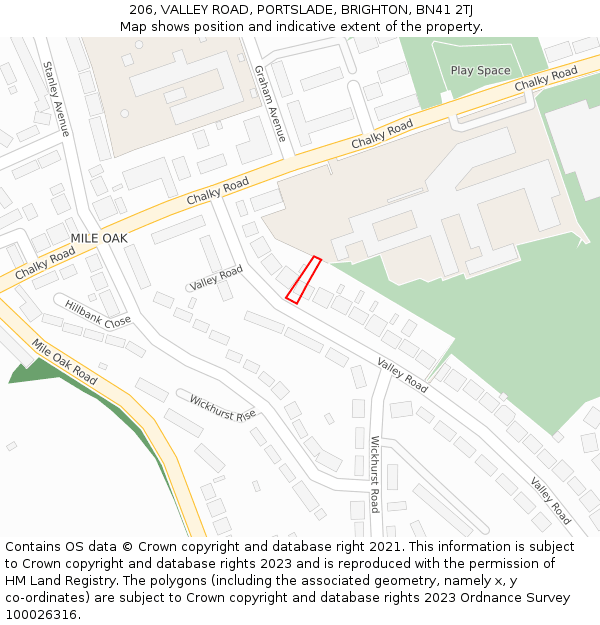 206, VALLEY ROAD, PORTSLADE, BRIGHTON, BN41 2TJ: Location map and indicative extent of plot