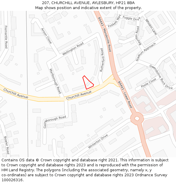 207, CHURCHILL AVENUE, AYLESBURY, HP21 8BA: Location map and indicative extent of plot