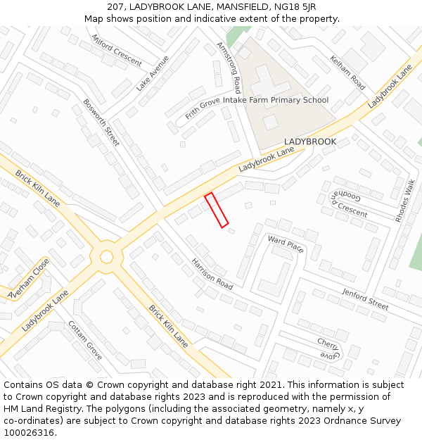 207, LADYBROOK LANE, MANSFIELD, NG18 5JR: Location map and indicative extent of plot