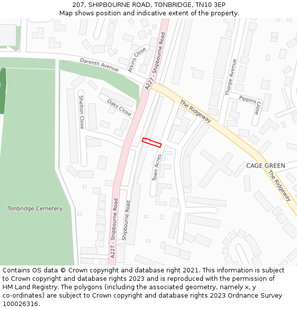 207, SHIPBOURNE ROAD, TONBRIDGE, TN10 3EP: Location map and indicative extent of plot