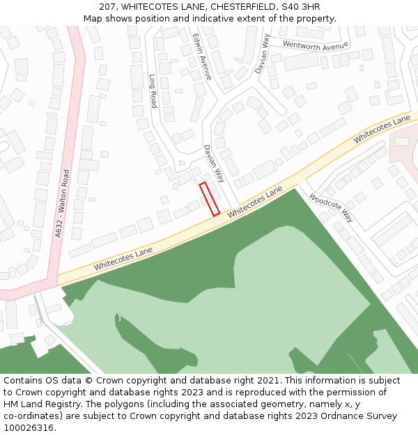 207, WHITECOTES LANE, CHESTERFIELD, S40 3HR: Location map and indicative extent of plot