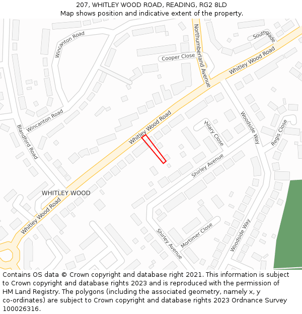 207, WHITLEY WOOD ROAD, READING, RG2 8LD: Location map and indicative extent of plot