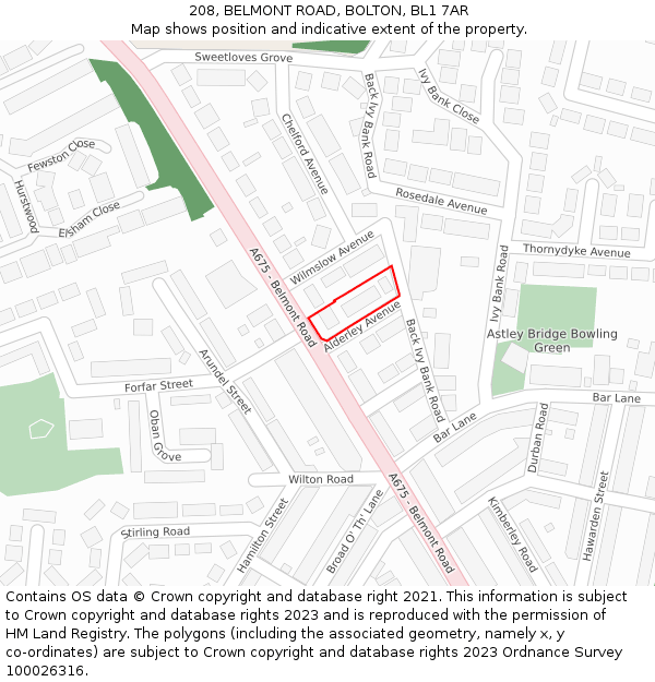 208, BELMONT ROAD, BOLTON, BL1 7AR: Location map and indicative extent of plot