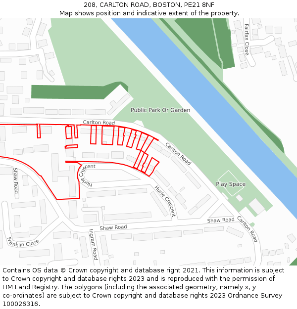 208, CARLTON ROAD, BOSTON, PE21 8NF: Location map and indicative extent of plot